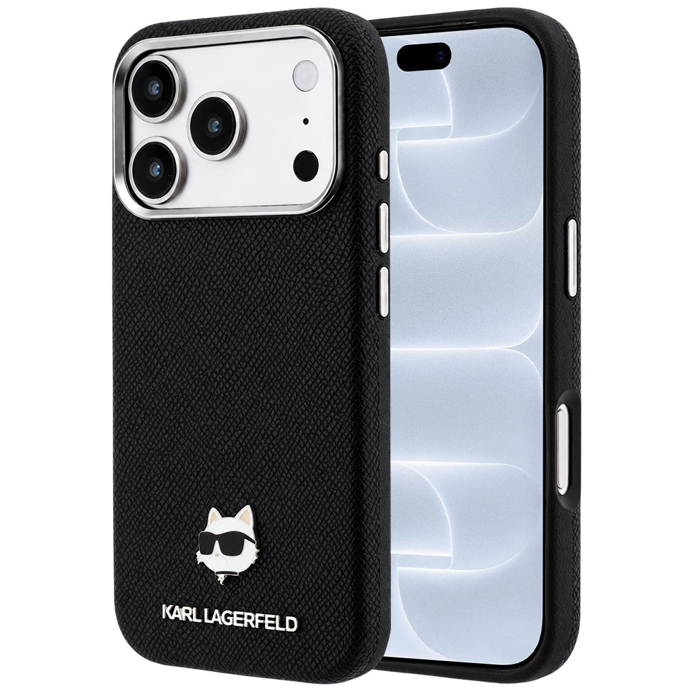 Coque MagSafe pour Apple iPhone 18 Pro / 17 Pro, Karl Lagerfeld, Métal Grainé Tête de Karl, Noire