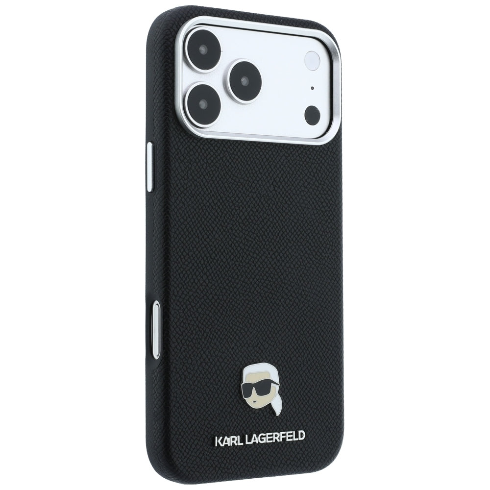 Coque MagSafe pour Apple iPhone 18 Pro / 17 Pro, Karl Lagerfeld, Métal Grainé Tête de Karl, Noire