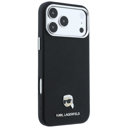Coque MagSafe pour Apple iPhone 18 Pro / 17 Pro, Karl Lagerfeld, Métal Grainé Tête de Karl, Noire