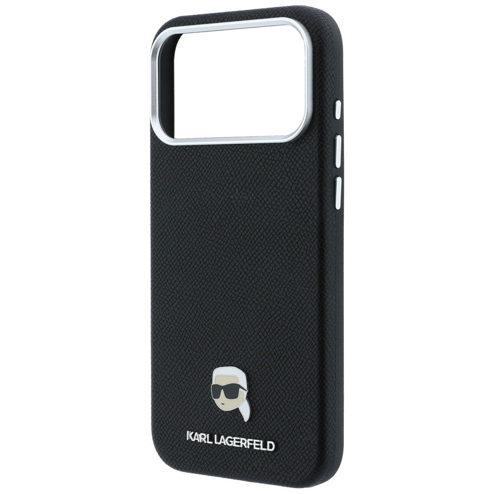 Coque MagSafe pour Apple iPhone 18 Pro / 17 Pro, Karl Lagerfeld, Métal Grainé Tête de Karl, Noire