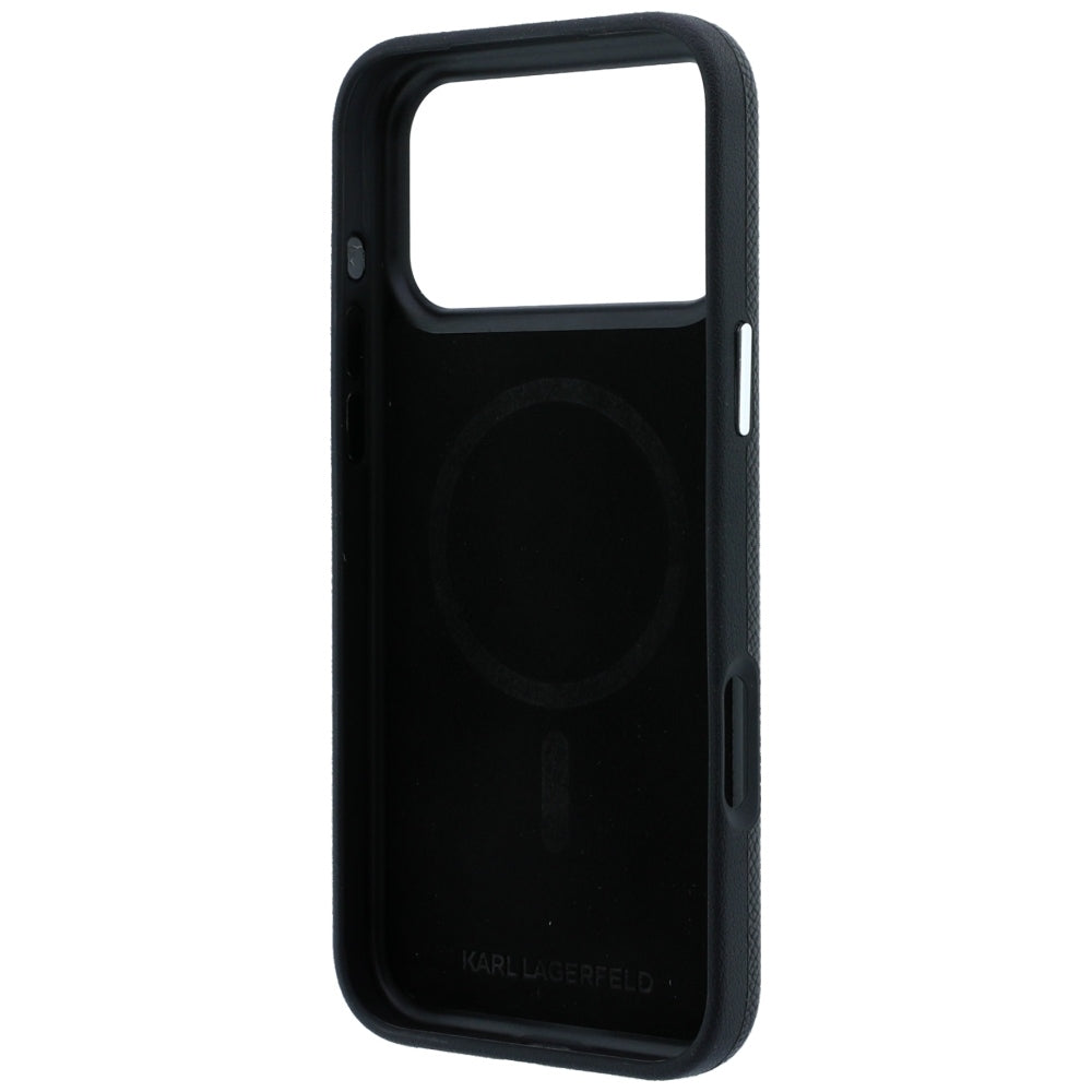 Coque MagSafe pour Apple iPhone 18 Pro / 17 Pro, Karl Lagerfeld, Métal Grainé Tête de Karl, Noire