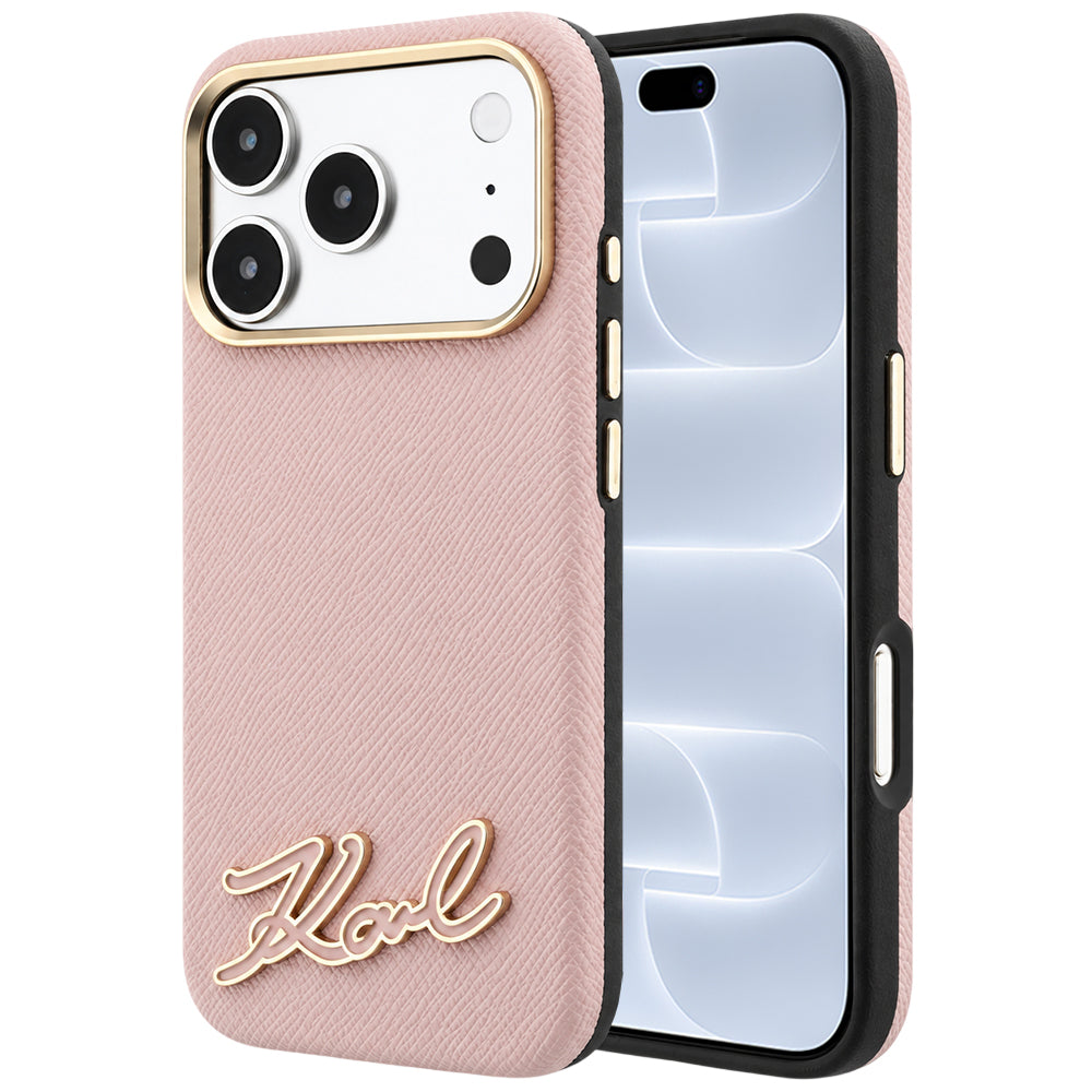 Coque MagSafe pour Apple iPhone 18 Pro / 17 Pro, Karl Lagerfeld, Logo en résine grainée, Rose