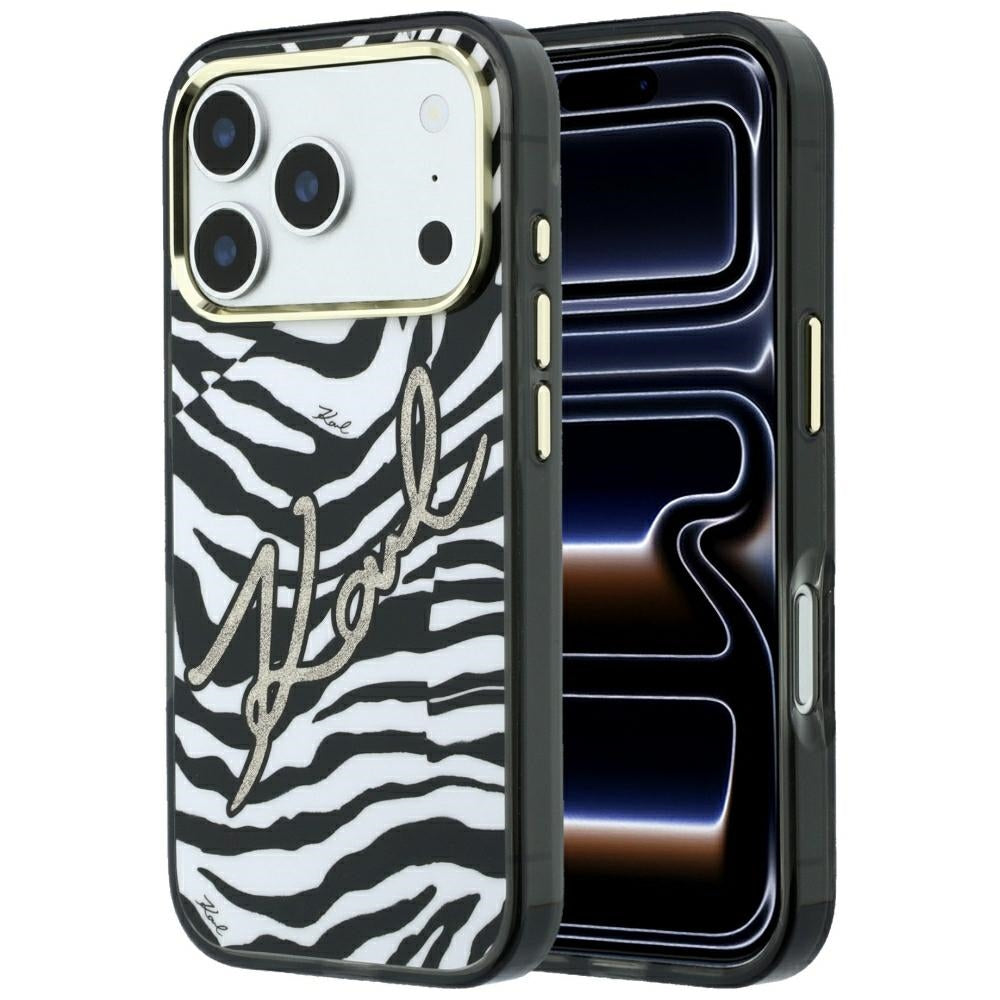 Coque MagSafe pour Apple iPhone 18 Pro / 17 Pro, Karl Lagerfeld, HC IML Signature Zebra Glitter Gold, Noire