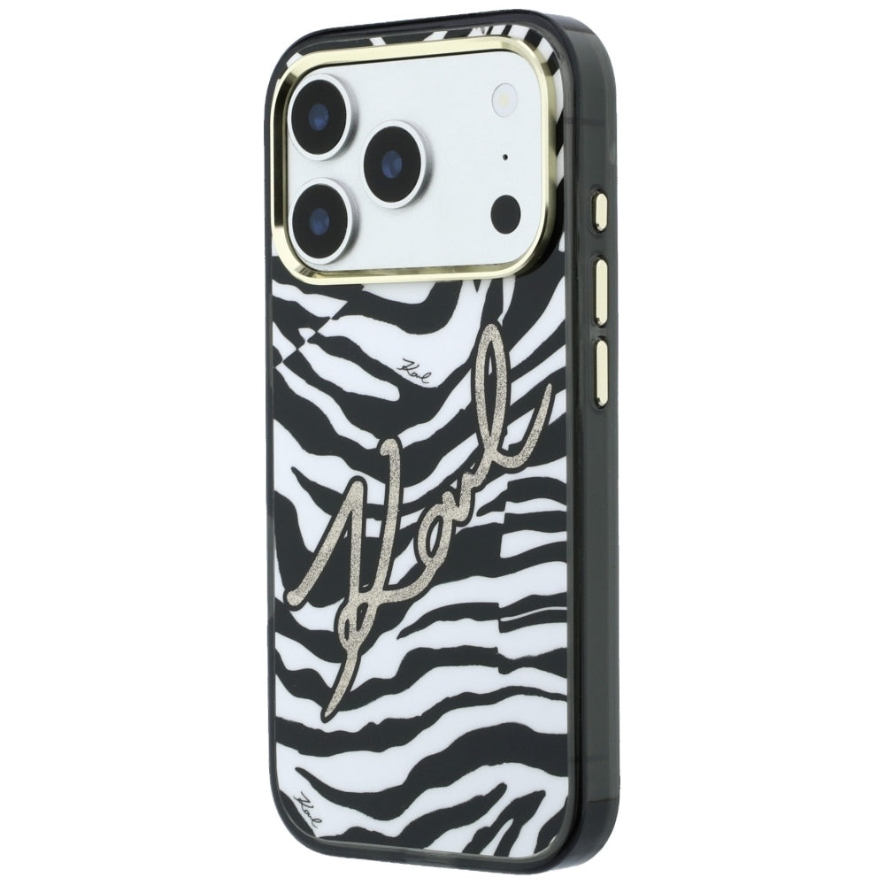 Coque MagSafe pour Apple iPhone 18 Pro / 17 Pro, Karl Lagerfeld, HC IML Signature Zebra Glitter Gold, Noire