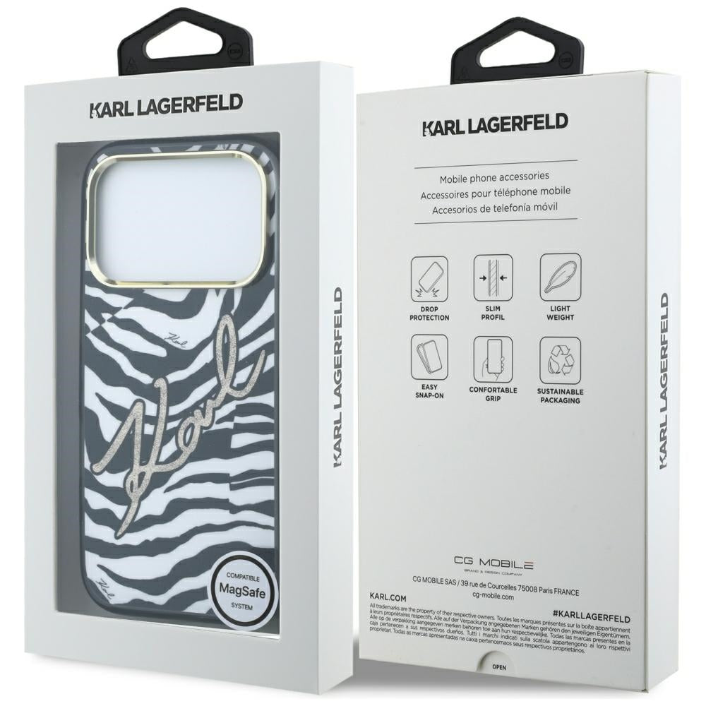 Coque MagSafe pour Apple iPhone 18 Pro / 17 Pro, Karl Lagerfeld, HC IML Signature Zebra Glitter Gold, Noire