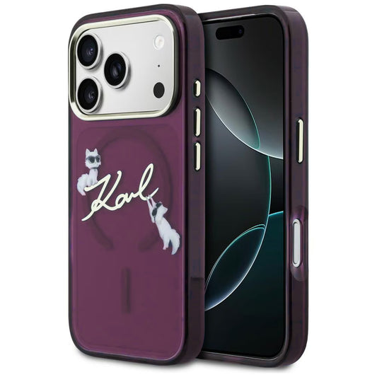 Coque MagSafe pour Apple iPhone 18 Pro / 17 Pro, Karl Lagerfeld, IML Choupette Karl Script Logo, Bordeaux