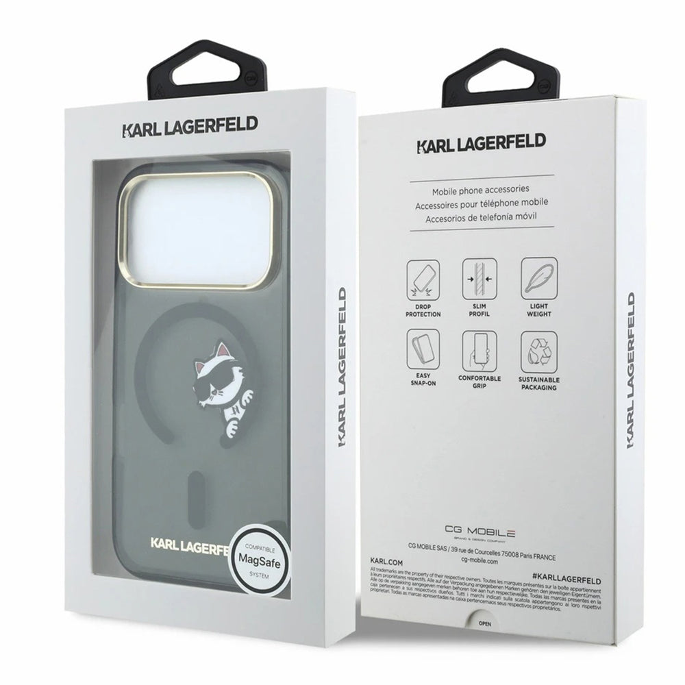 MagSafe-Hülle für Apple iPhone 18 Pro / 17 Pro, Karl Lagerfeld, IML Peekaboo Print und Metallrahmen, Schwarz