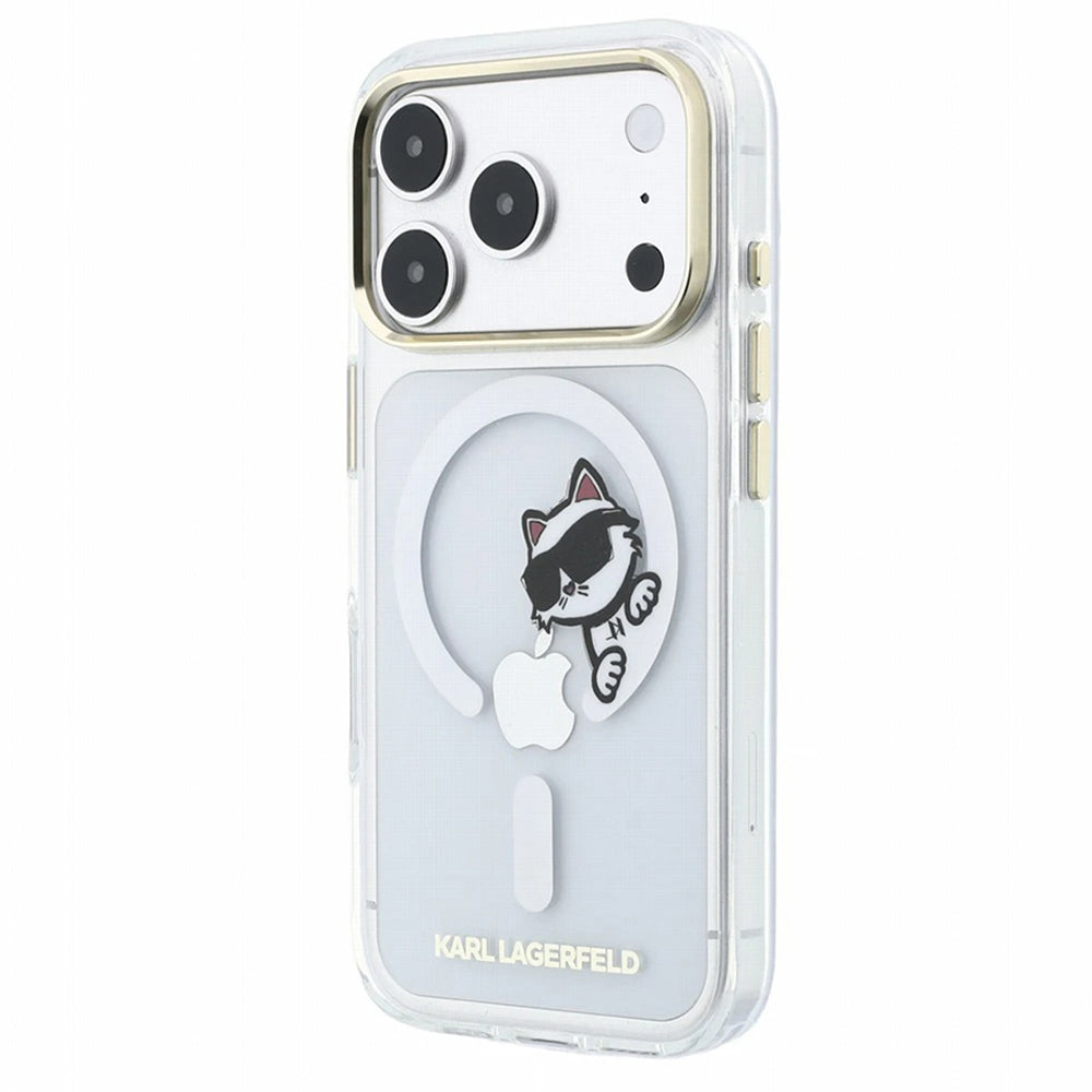 MagSafe-Hülle für Apple iPhone 18 Pro / 17 Pro, Karl Lagerfeld, IML Peekaboo Print und Metallrahmen, Transparent
