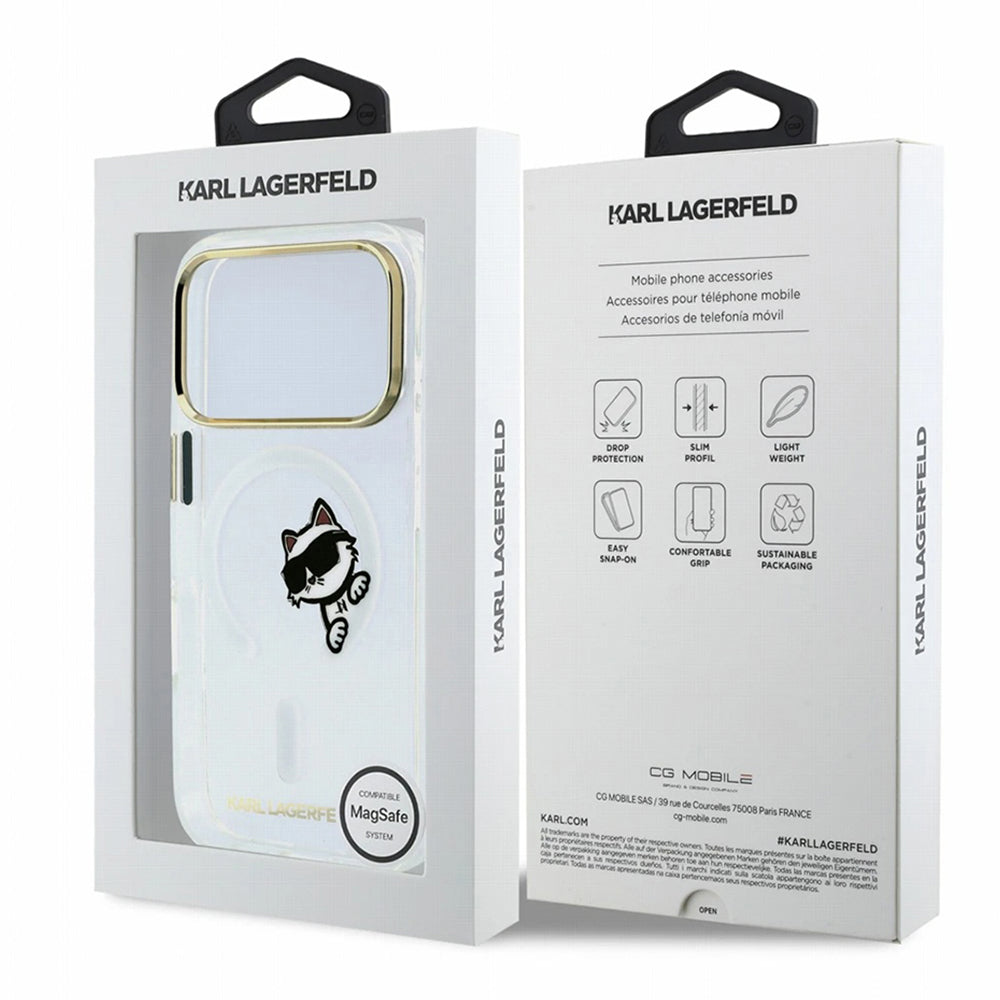 MagSafe-Hülle für Apple iPhone 18 Pro / 17 Pro, Karl Lagerfeld, IML Peekaboo Print und Metallrahmen, Transparent