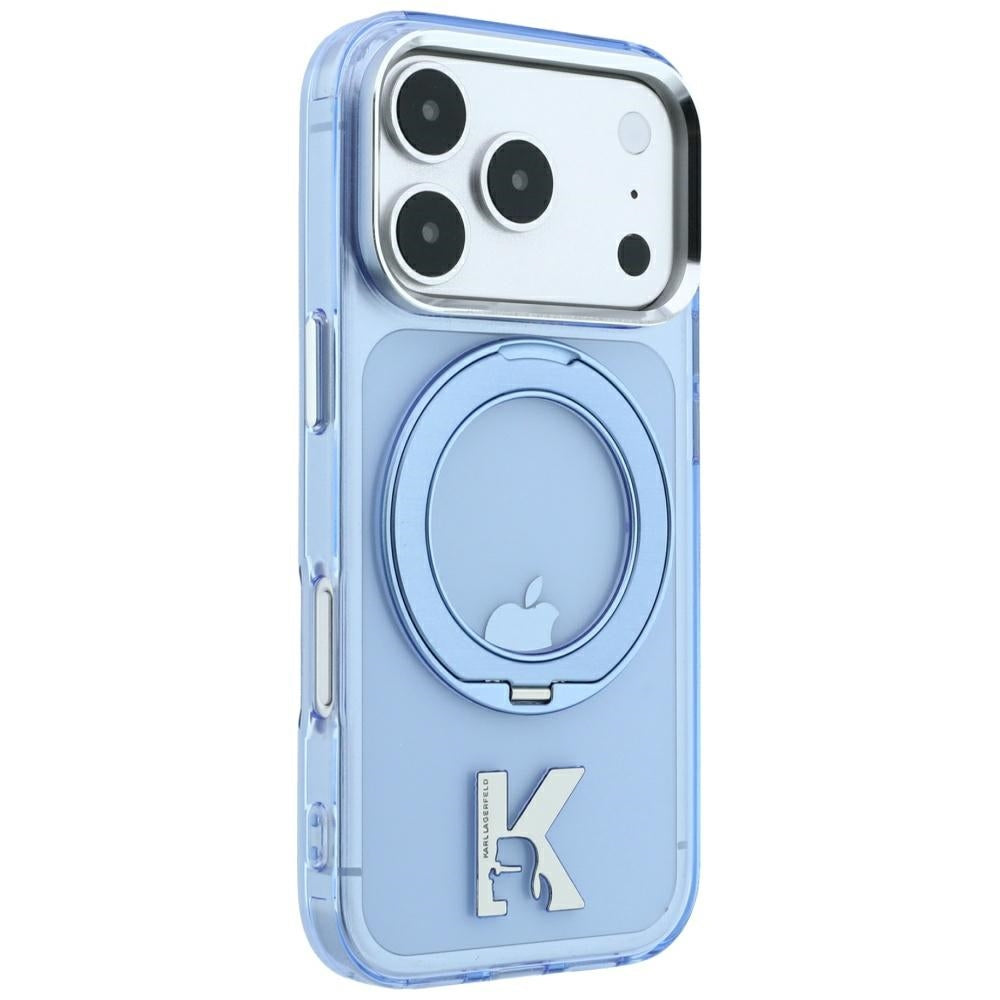 Coque MagSafe pour Apple iPhone 18 Pro / 17 Pro, Karl Lagerfeld, Support Anneau IML Kameo Metal, Bleue