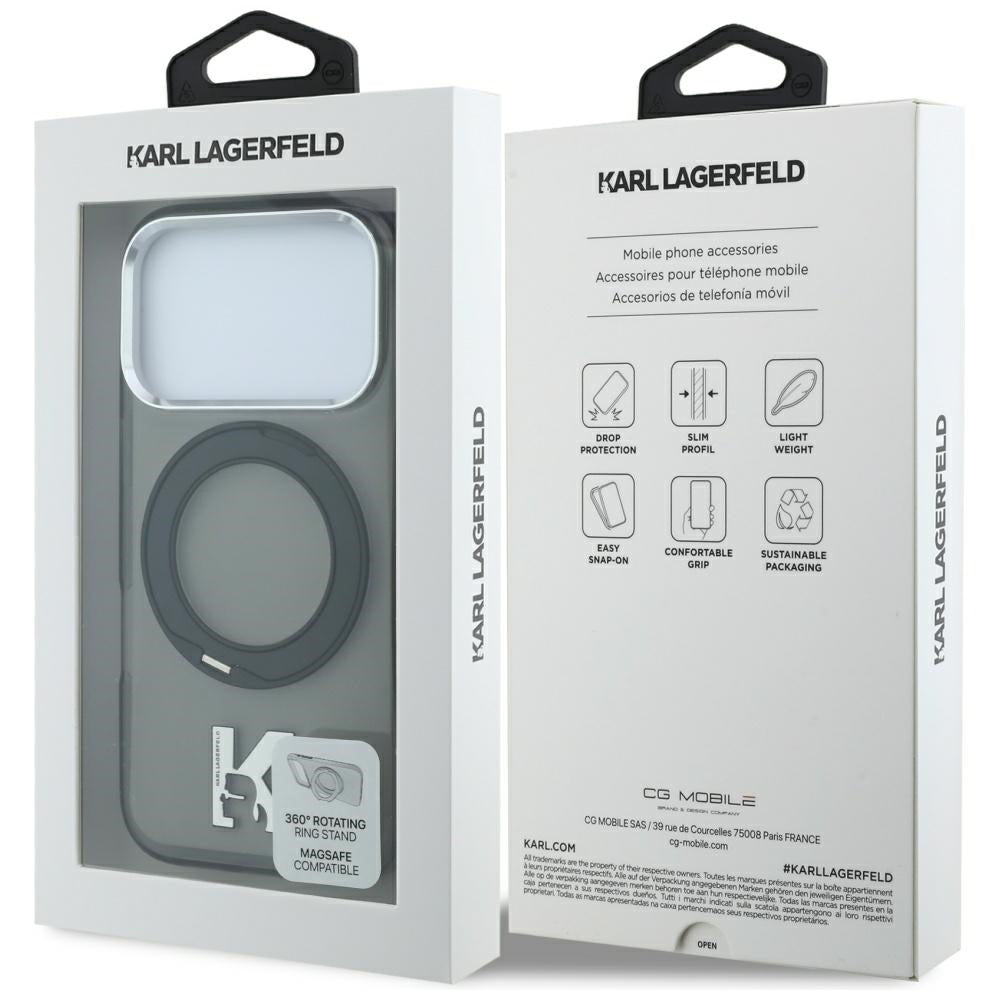Coque MagSafe pour Apple iPhone 18 Pro / 17 Pro, Karl Lagerfeld, Support Anneau IML Kameo Metal, Noire