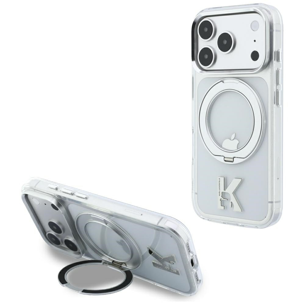 MagSafe-Hülle für Apple iPhone 18 Pro / 17 Pro, Karl Lagerfeld, IML Ring Stand Kameo Metall, Transparent