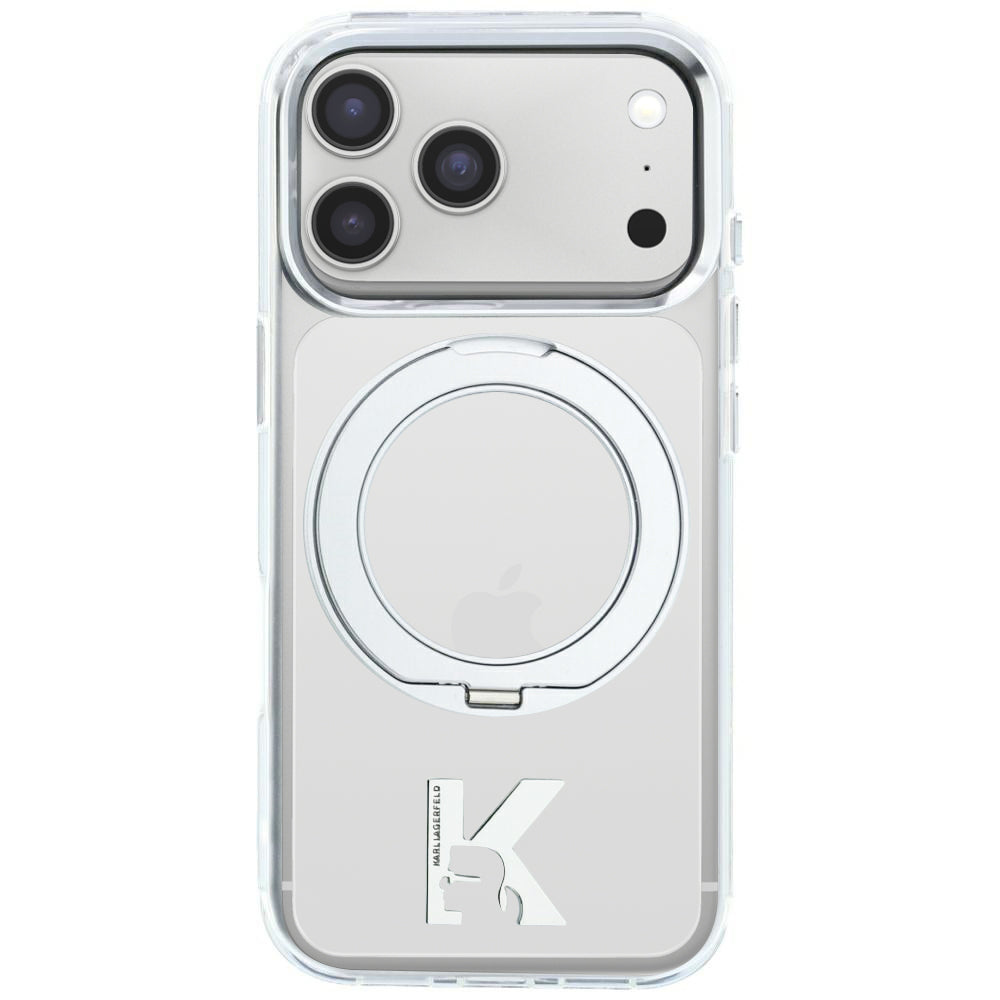 MagSafe-Hülle für Apple iPhone 18 Pro / 17 Pro, Karl Lagerfeld, IML Ring Stand Kameo Metall, Transparent