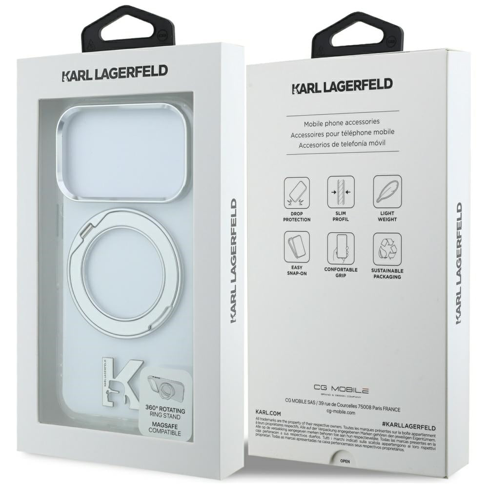 MagSafe-Hülle für Apple iPhone 18 Pro / 17 Pro, Karl Lagerfeld, IML Ring Stand Kameo Metall, Transparent