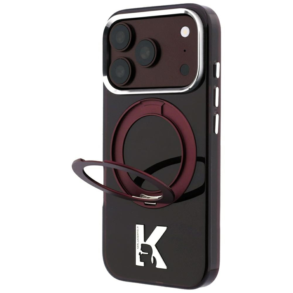 MagSafe-Hülle für Apple iPhone 18 Pro / 17 Pro, Karl Lagerfeld, IML Ring Stand Kameo Metall, Weinrot