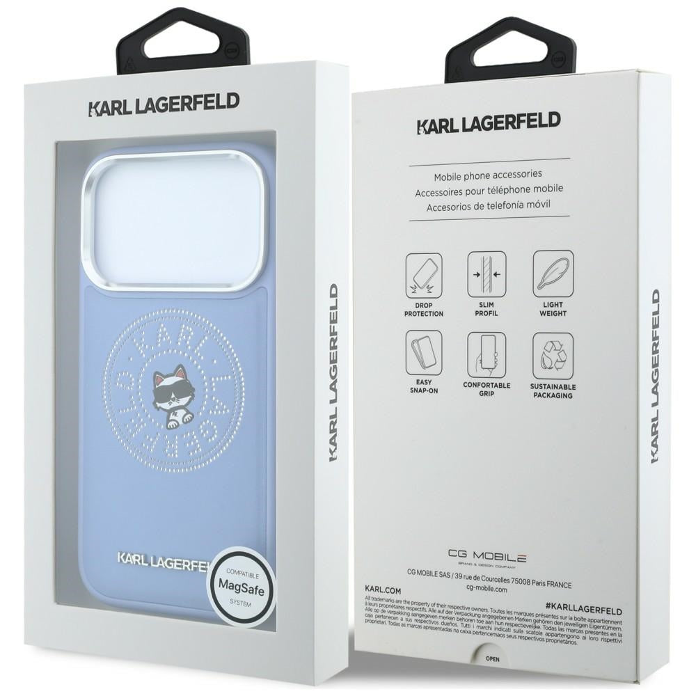 Coque MagSafe pour Apple iPhone 18 Pro / 17 Pro, Karl Lagerfeld, Point and Choupette Sketch, bleu