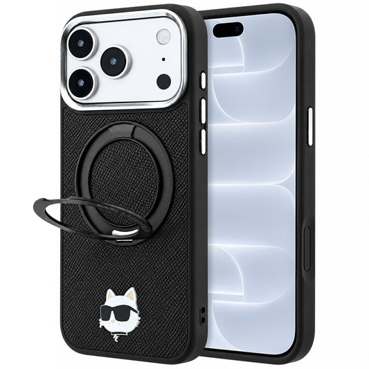 Coque MagSafe pour Apple iPhone 18 Pro / 17 Pro, Karl Lagerfeld, Support Anneau 360 Choupette Pin, Noire