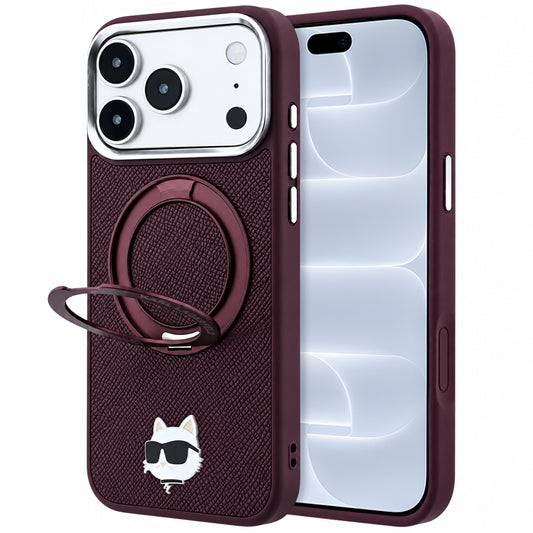Coque MagSafe pour Apple iPhone 18 Pro / 17 Pro, Karl Lagerfeld, Support Anneau 360 Choupette Pin, Bordeaux
