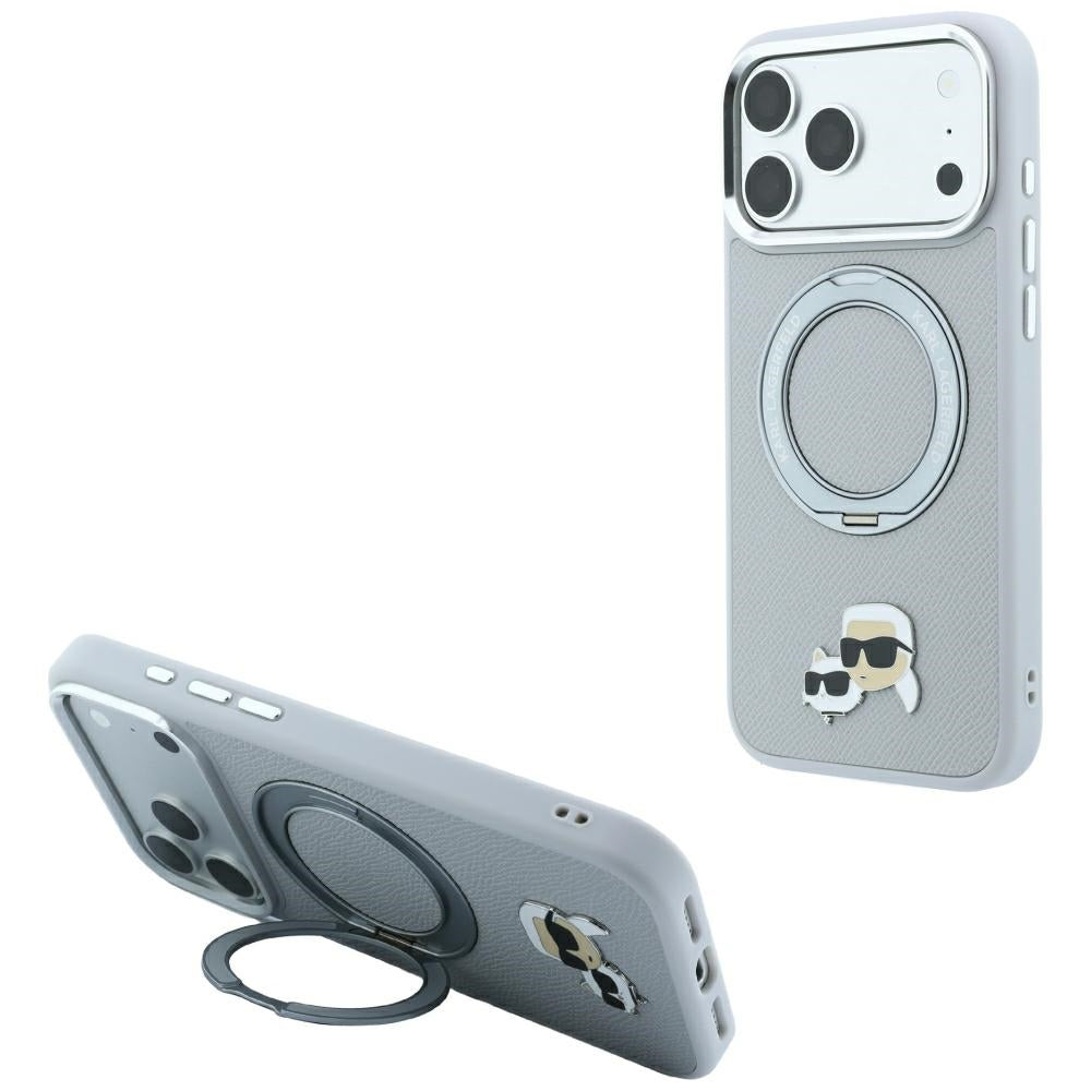 MagSafe-Hülle für Apple iPhone 18 Pro / 17 Pro, Karl Lagerfeld, Ring Stand 360 Karl & Choupette Pin, Grau