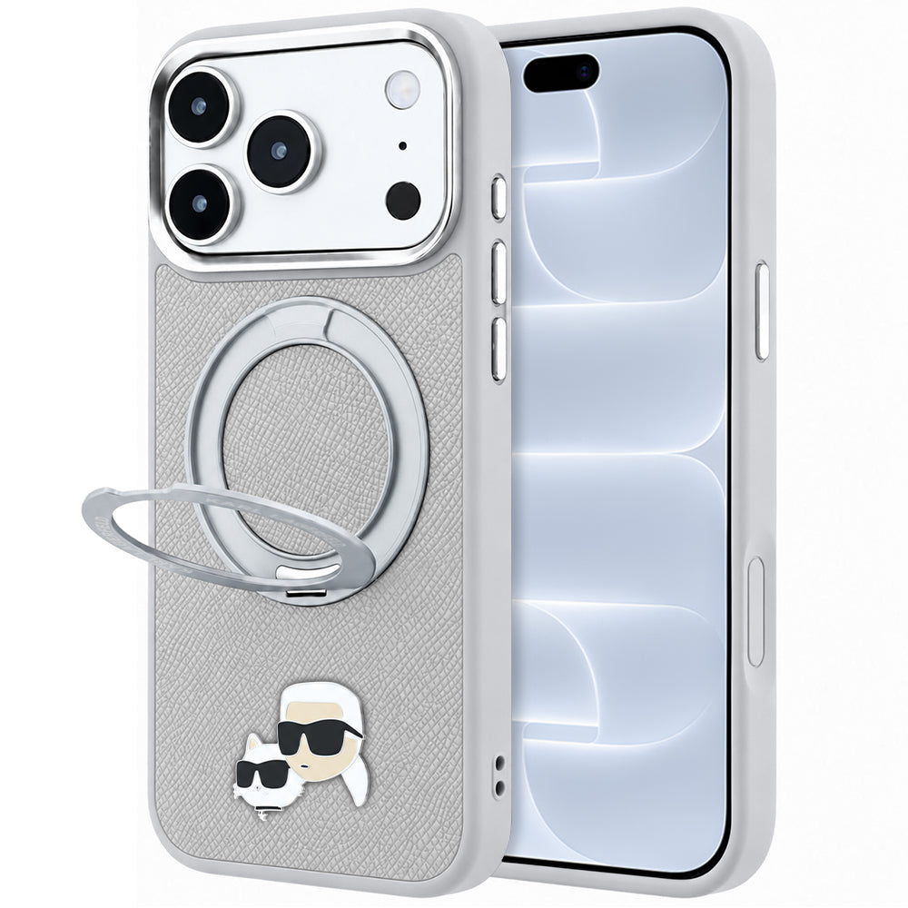 MagSafe-Hülle für Apple iPhone 18 Pro / 17 Pro, Karl Lagerfeld, Ring Stand 360 Karl & Choupette Pin, Grau
