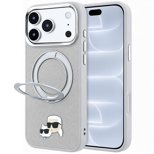 Coque MagSafe pour Apple iPhone 18 Pro / 17 Pro, Karl Lagerfeld, Ring Stand 360 Karl & Choupette Pin, Gris
