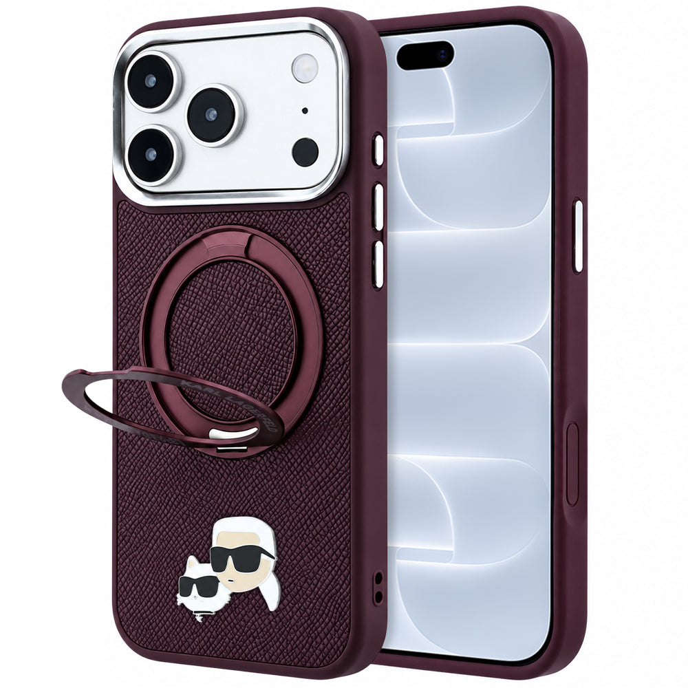 Coque MagSafe pour Apple iPhone 18 Pro / 17 Pro, Karl Lagerfeld, Support Anneau 360 Karl & Broche Choupette, Bordeaux