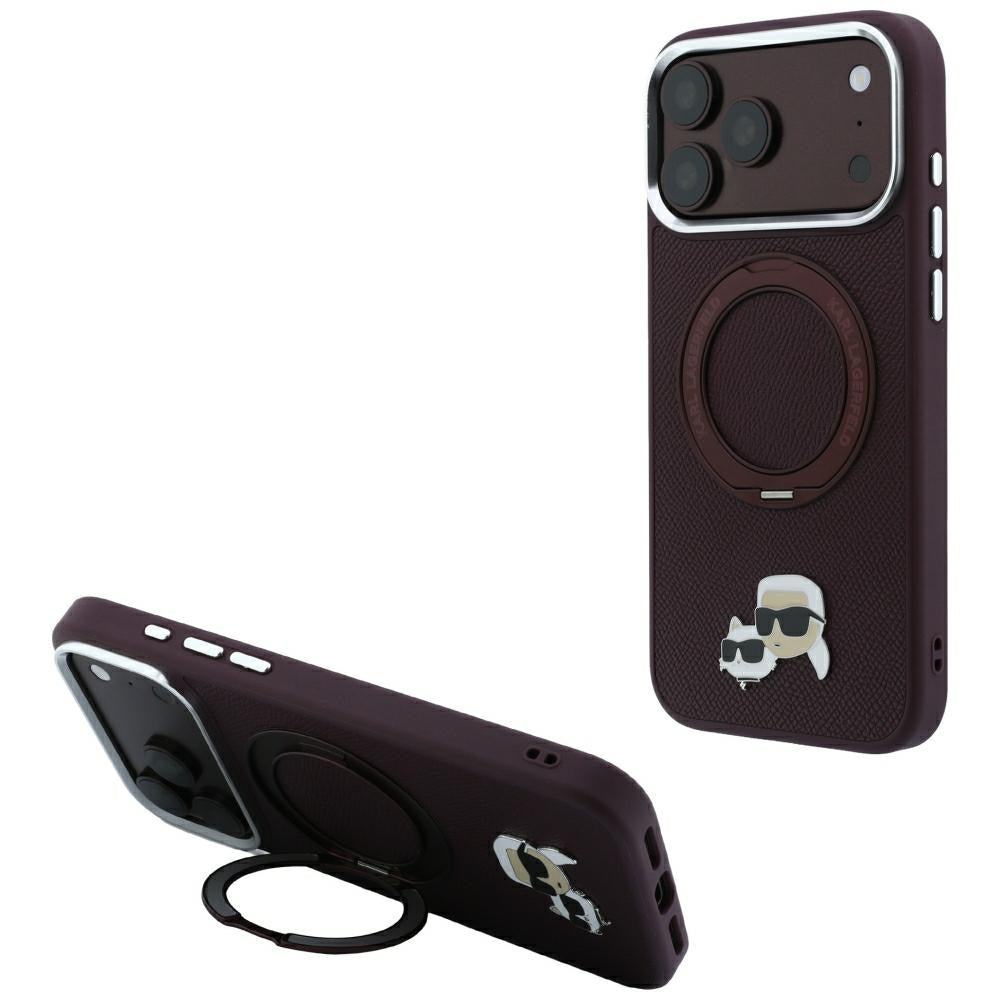 Coque MagSafe pour Apple iPhone 18 Pro / 17 Pro, Karl Lagerfeld, Support Anneau 360 Karl & Broche Choupette, Bordeaux
