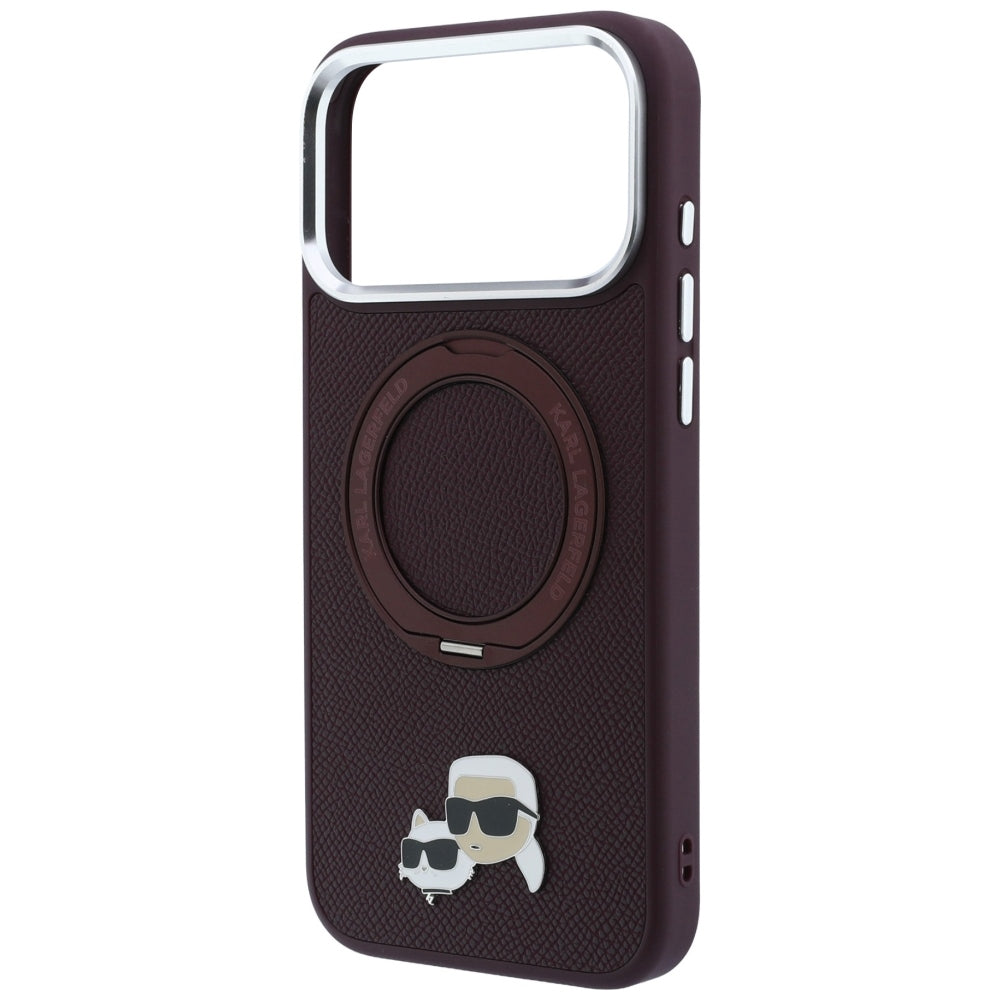 Coque MagSafe pour Apple iPhone 18 Pro / 17 Pro, Karl Lagerfeld, Support Anneau 360 Karl & Broche Choupette, Bordeaux