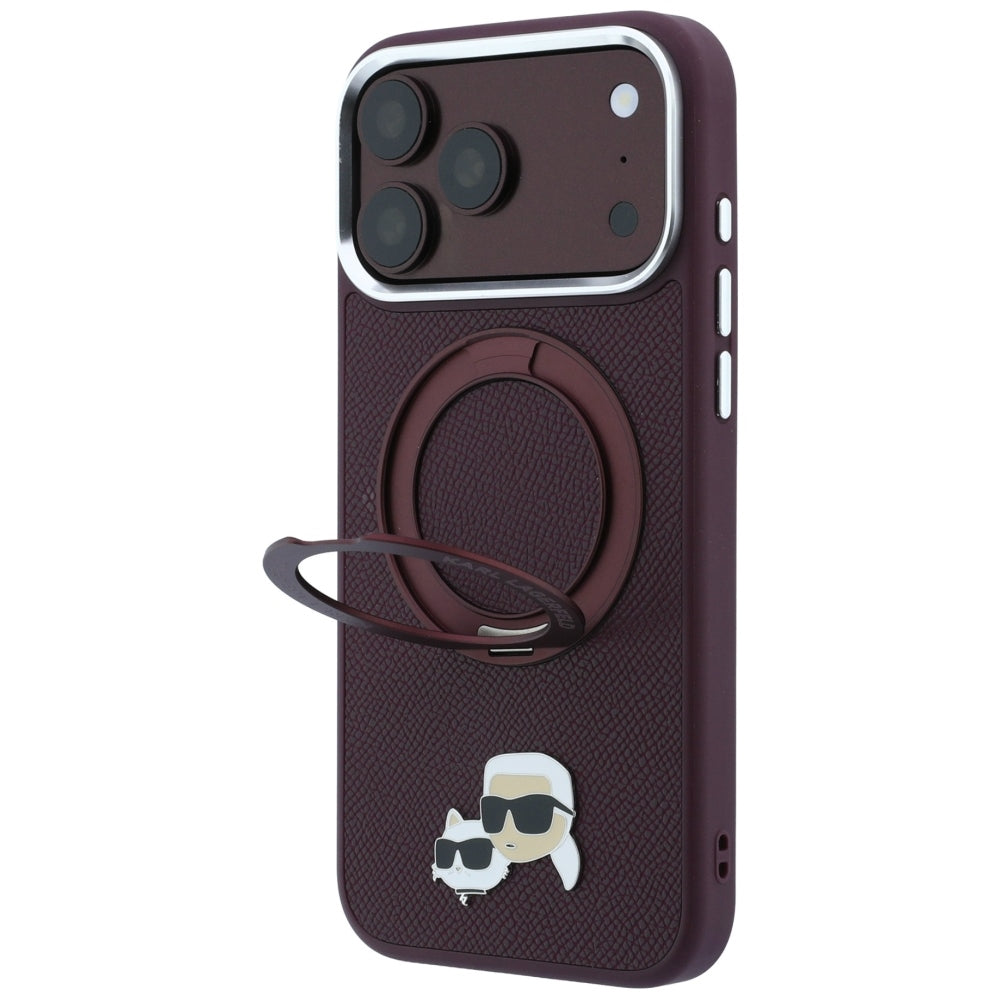 Coque MagSafe pour Apple iPhone 18 Pro / 17 Pro, Karl Lagerfeld, Support Anneau 360 Karl & Broche Choupette, Bordeaux