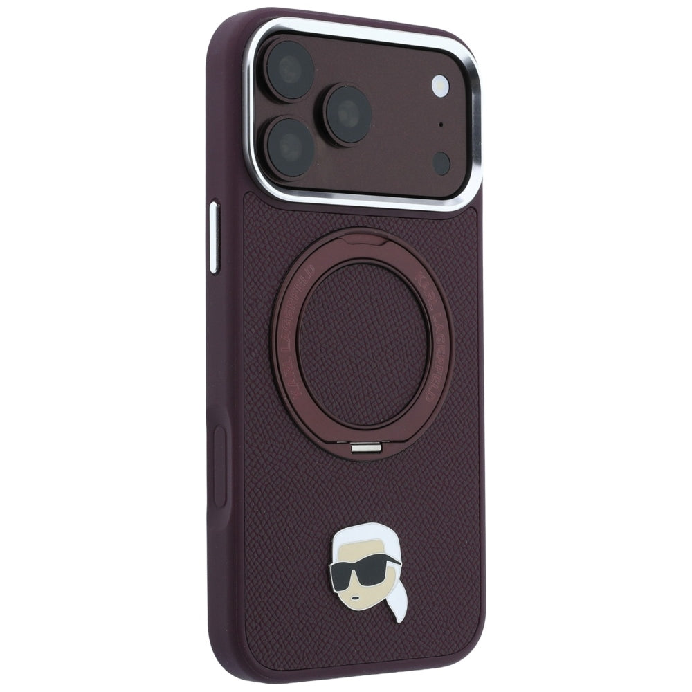 Coque MagSafe pour Apple iPhone 18 Pro / 17 Pro, Karl Lagerfeld, Ring Stand 360 Karl Pin, Bordeaux