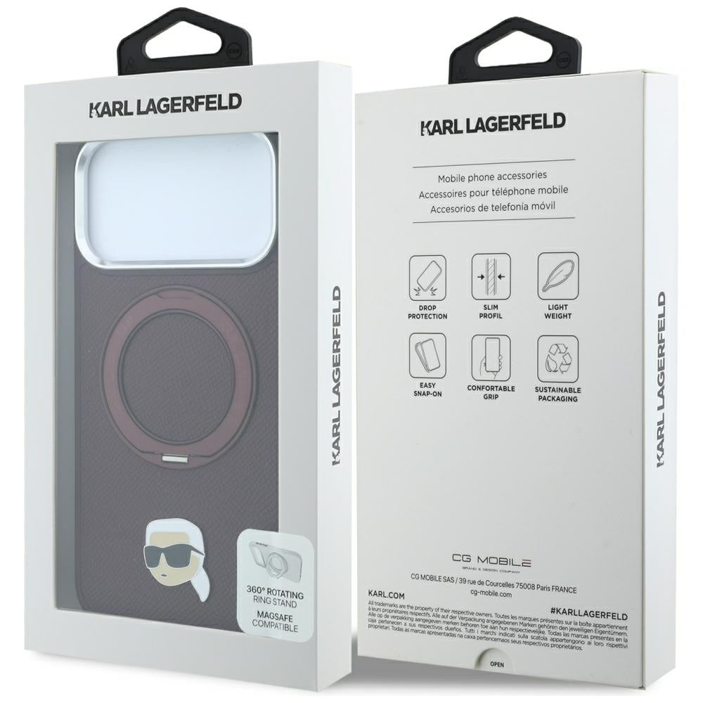 Coque MagSafe pour Apple iPhone 18 Pro / 17 Pro, Karl Lagerfeld, Ring Stand 360 Karl Pin, Bordeaux