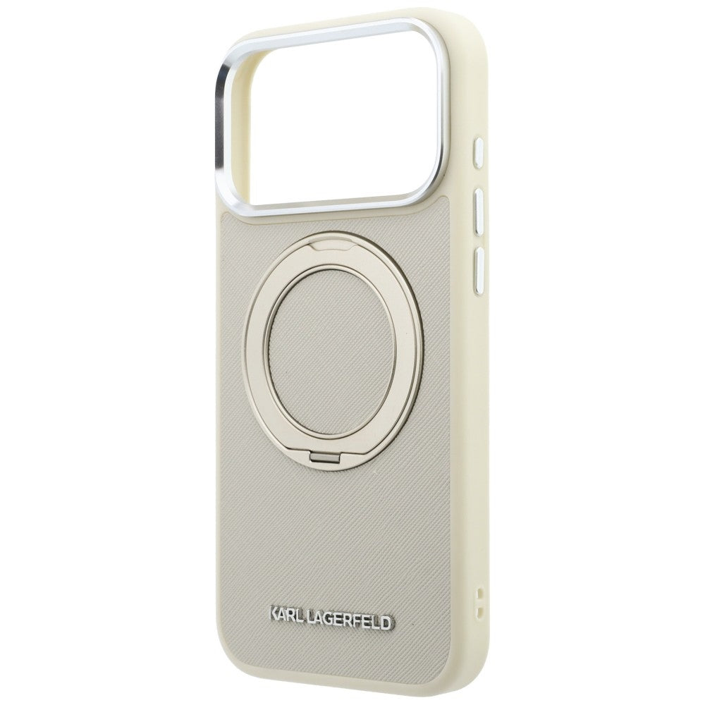 Coque MagSafe pour Apple iPhone 18 Pro / 17 Pro, Karl Lagerfeld, Ring Stand 360 Saffiano, beige