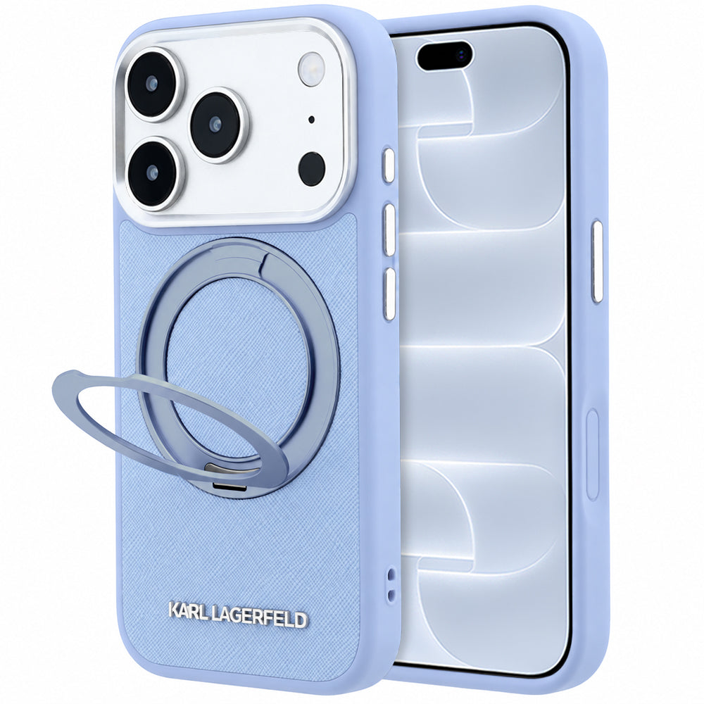 Coque MagSafe pour Apple iPhone 18 Pro / 17 Pro, Karl Lagerfeld, Support Anneau 360 Saffiano, Bleu
