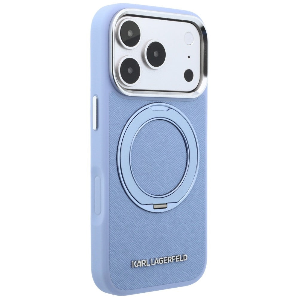 Coque MagSafe pour Apple iPhone 18 Pro / 17 Pro, Karl Lagerfeld, Support Anneau 360 Saffiano, Bleu