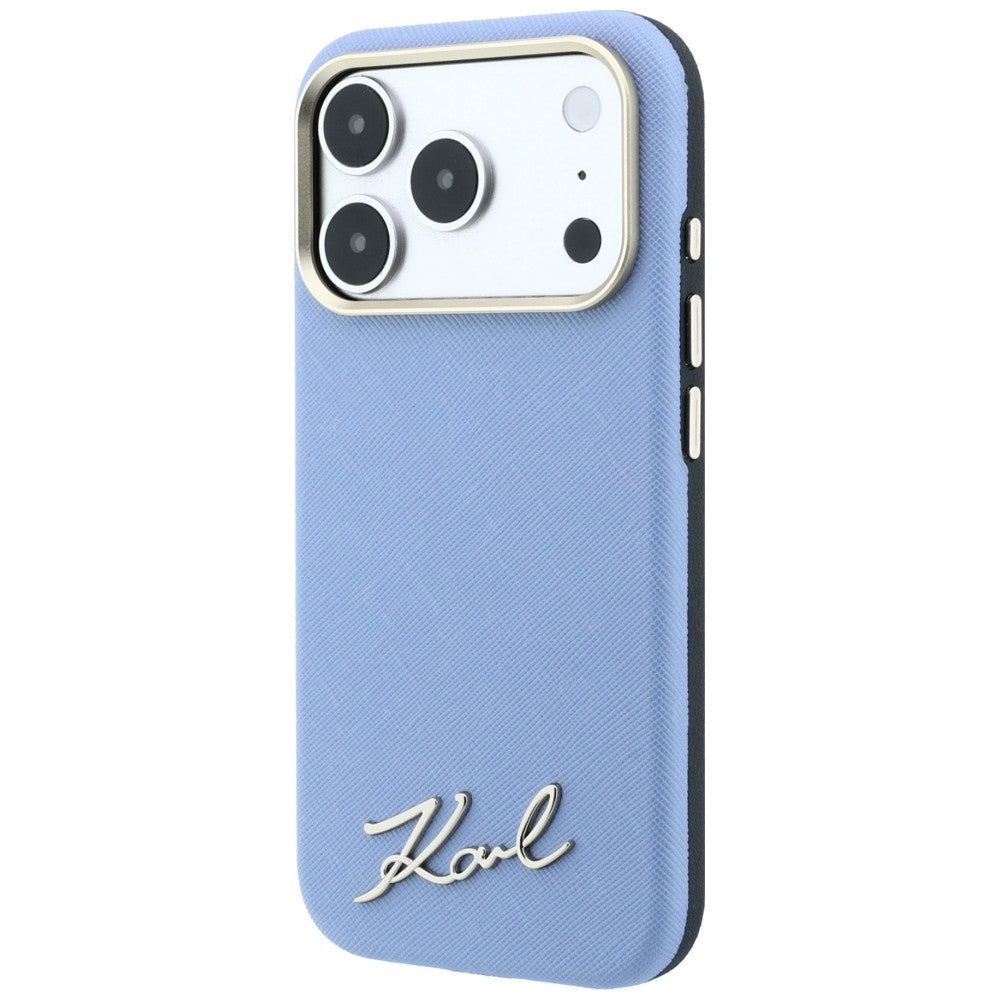 MagSafe-Hülle für Apple iPhone 18 Pro / 17 Pro, Karl Lagerfeld, Saffiano Small Script Metall-Logo, Blau