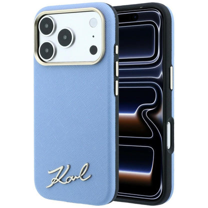 MagSafe-Hülle für Apple iPhone 18 Pro / 17 Pro, Karl Lagerfeld, Saffiano Small Script Metall-Logo, Blau