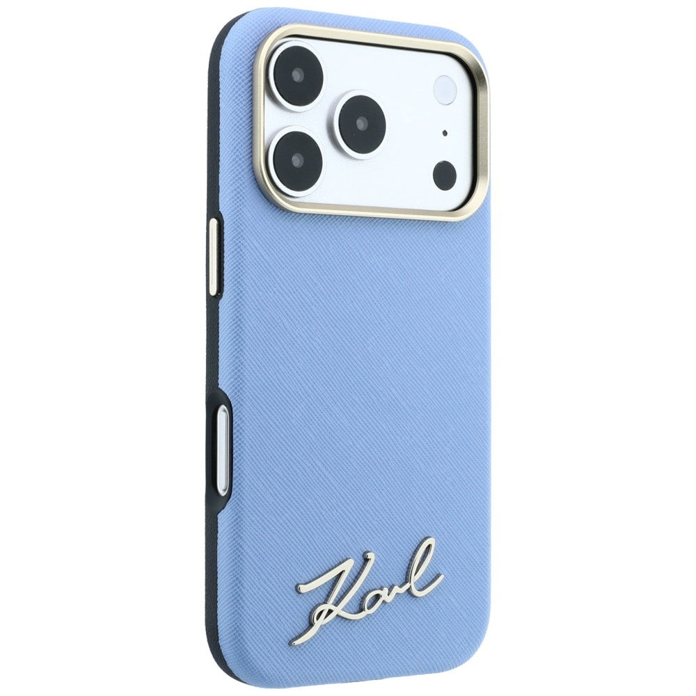 MagSafe-Hülle für Apple iPhone 18 Pro / 17 Pro, Karl Lagerfeld, Saffiano Small Script Metall-Logo, Blau