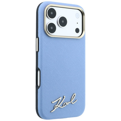 MagSafe-Hülle für Apple iPhone 18 Pro / 17 Pro, Karl Lagerfeld, Saffiano Small Script Metall-Logo, Blau