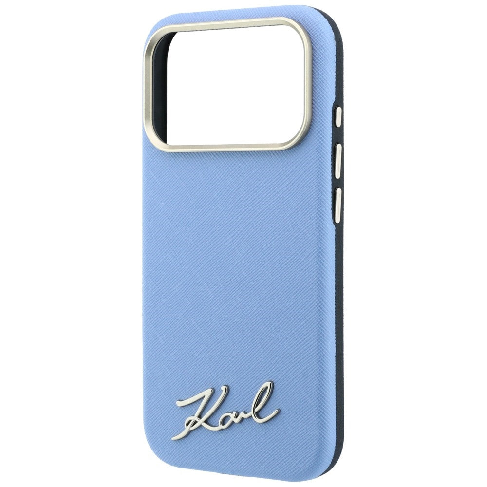 MagSafe-Hülle für Apple iPhone 18 Pro / 17 Pro, Karl Lagerfeld, Saffiano Small Script Metall-Logo, Blau
