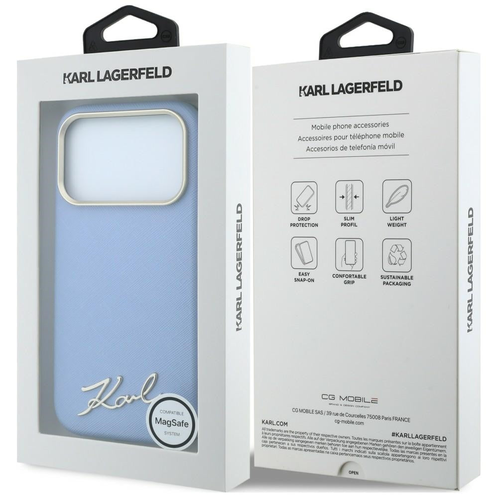 MagSafe-Hülle für Apple iPhone 18 Pro / 17 Pro, Karl Lagerfeld, Saffiano Small Script Metall-Logo, Blau