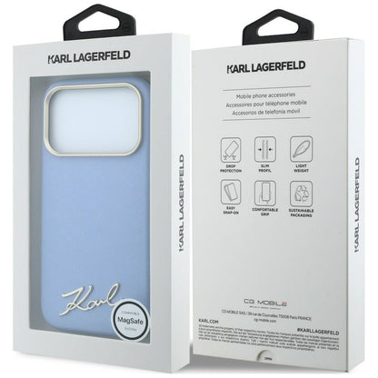MagSafe-Hülle für Apple iPhone 18 Pro / 17 Pro, Karl Lagerfeld, Saffiano Small Script Metall-Logo, Blau