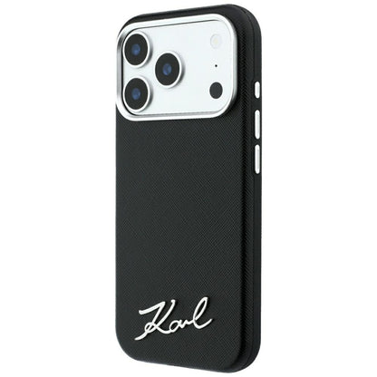 MagSafe-Hülle für Apple iPhone 18 Pro / 17 Pro, Karl Lagerfeld, Saffiano Small Script Metall-Logo, Schwarz