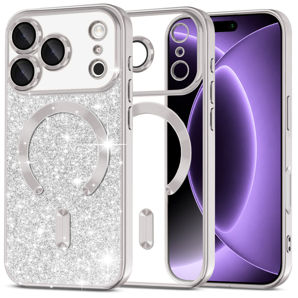 Coque MagSafe pour Apple iPhone 18 Pro / 17 Pro, Techsuit, Luxury Glitter, Argentée