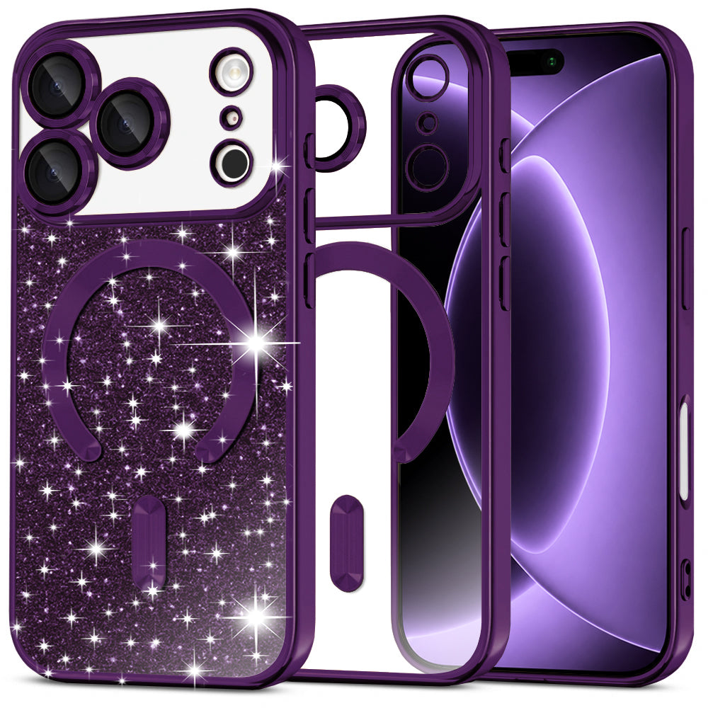 Coque MagSafe pour Apple iPhone 18 Pro / 17 Pro, Techsuit, Luxury Glitter, Violet Foncé