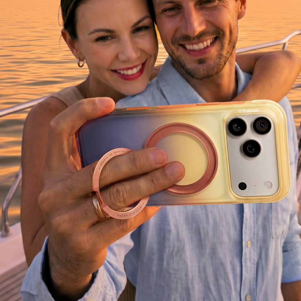 Coque MagSafe pour Apple iPhone 18 Pro / 17 Pro, Torras, Ostand O3 Air Gradient, Bleu Orange