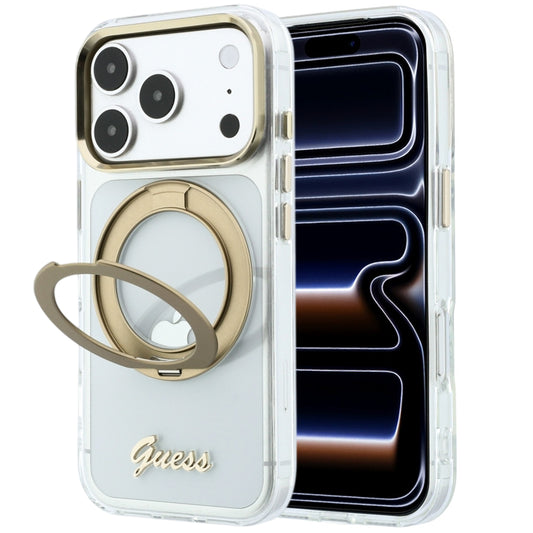 Coque MagSafe pour Apple iPhone 18 Pro, Guess, Support Anneau Logo Métal Script, Transparente