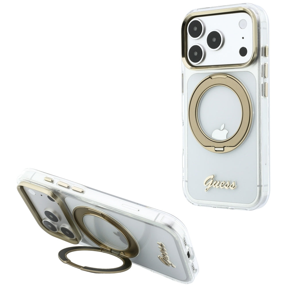 MagSafe-Hülle für Apple iPhone 18 Pro, Guess, Ring Stand Script Metall-Logo, Transparent