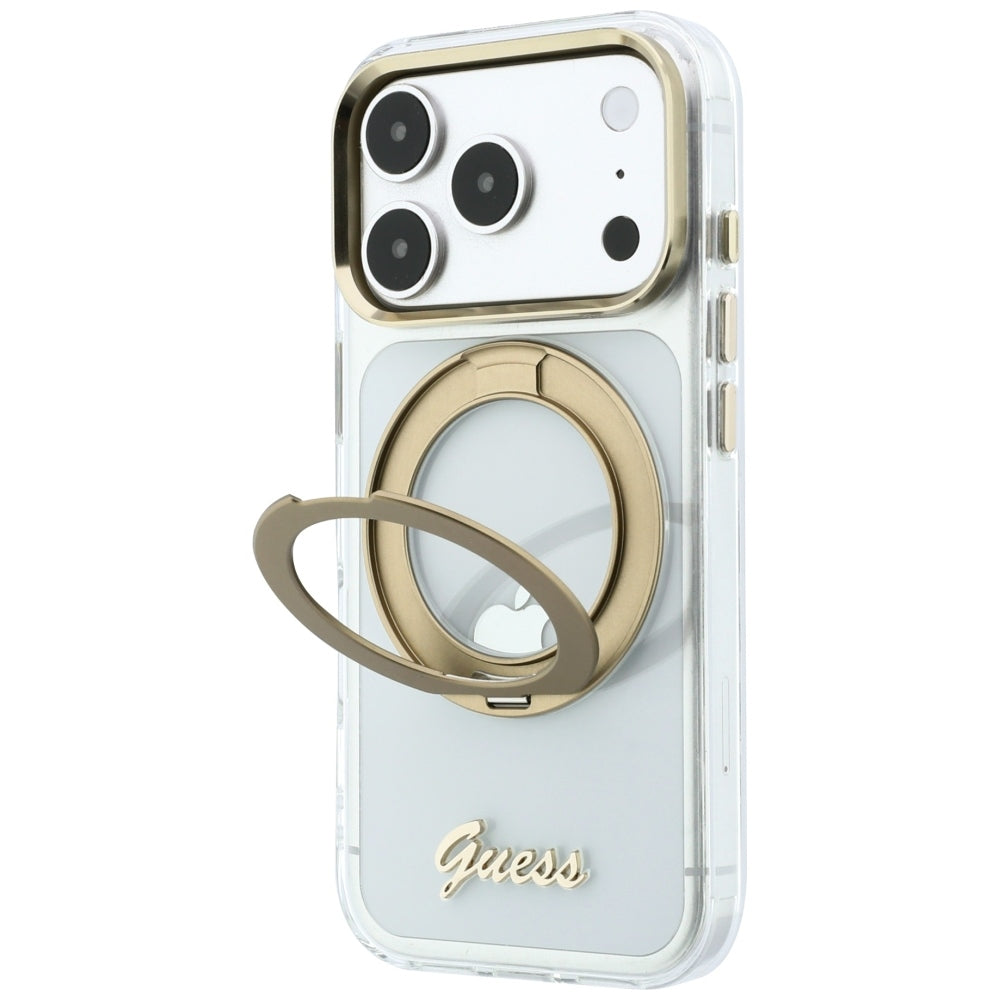 MagSafe-Hülle für Apple iPhone 18 Pro, Guess, Ring Stand Script Metall-Logo, Transparent