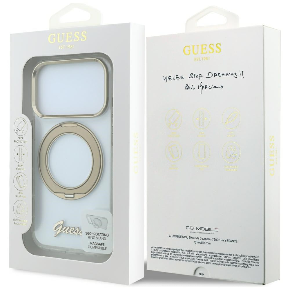 MagSafe-Hülle für Apple iPhone 18 Pro, Guess, Ring Stand Script Metall-Logo, Transparent