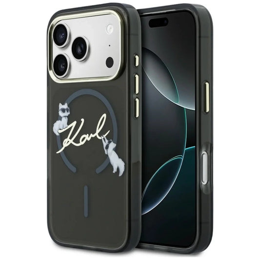 Coque MagSafe pour Apple iPhone 18 Pro, Karl Lagerfeld, IML Choupette Karl Script Logo, Noire